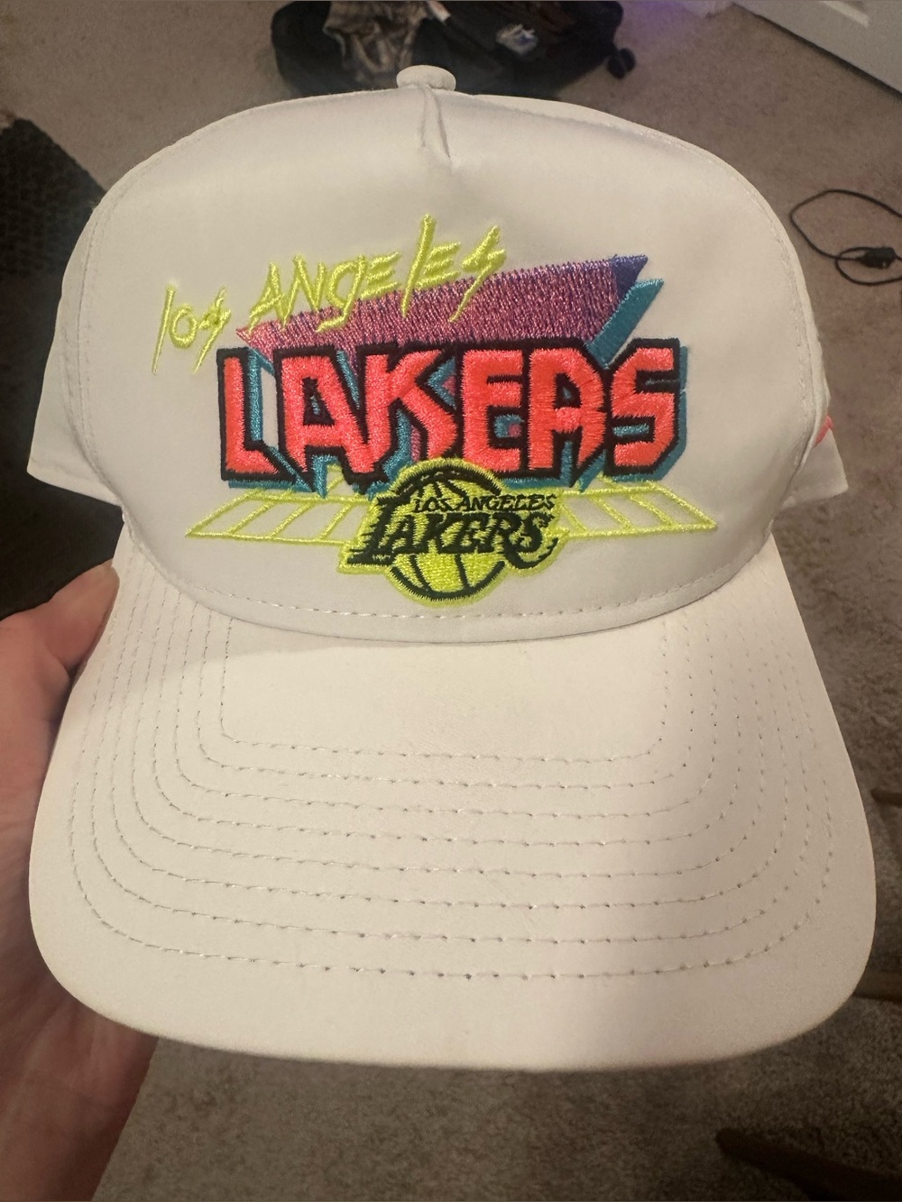 New Era White Los Angeles Lakers Retro Logo Hat with Neon Accents